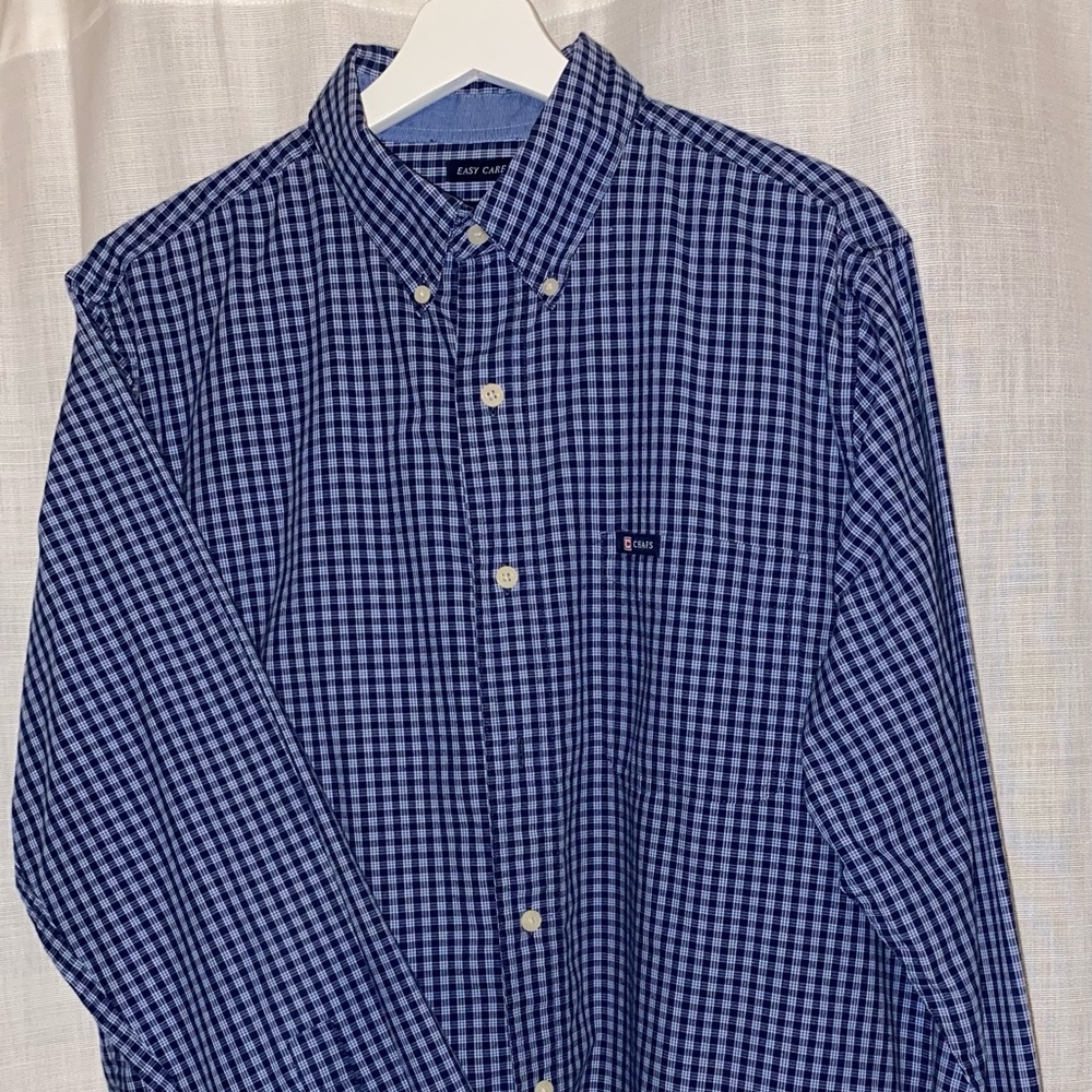 Chaps Shirt Mens Medium Blue Plaid Easy Care Casual Button Up Spellout Logo